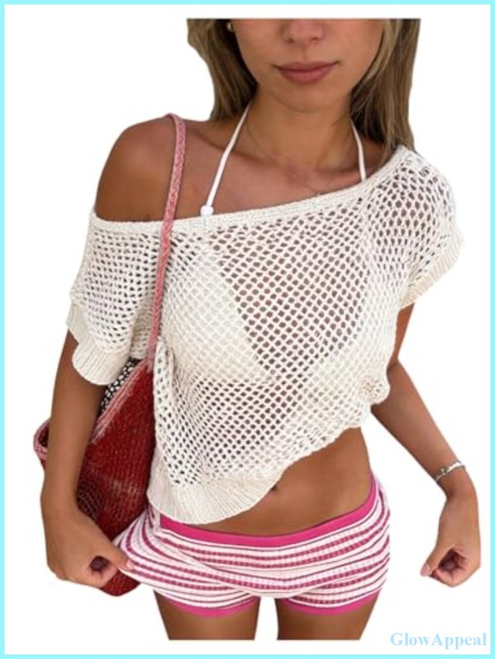 Women's Crochet Off Shoulder Sheer Cover Up Crop Top Summer Beach Vacation